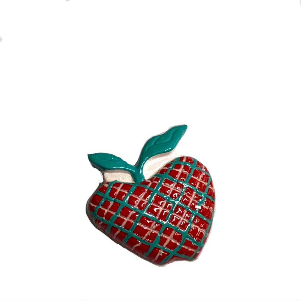 Vintage Strawberry Fruit Pin Plastic Brooch Red Green Plaid Retro Mod CUTE